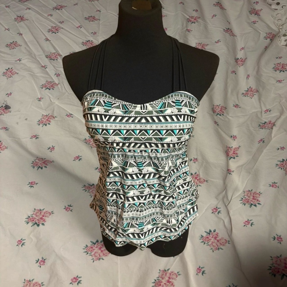 Blue and white Aztec print halter top swimsuit